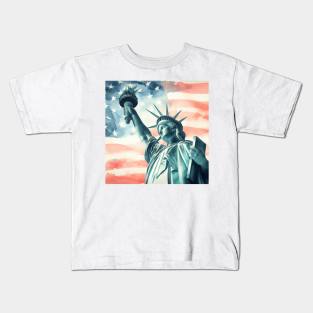 Statue of Liberty closeup with United States of America flag background watercolor Kids T-Shirt